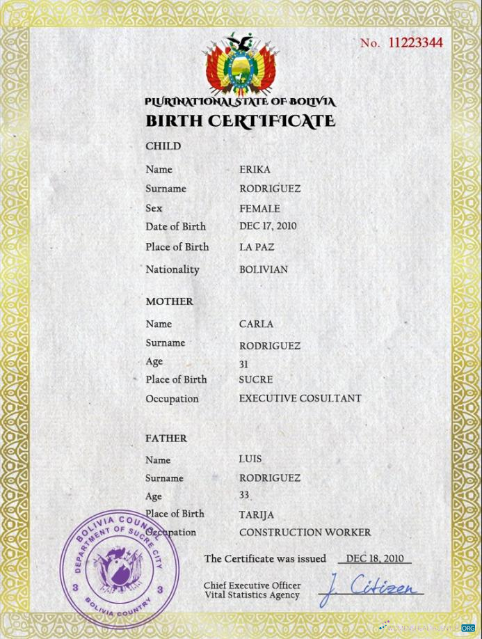Download Bolivia vital record birth certificate PSD template Photoshop template